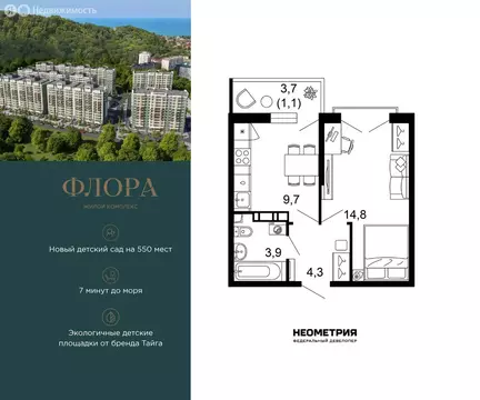 1-комнатная квартира: Сочи, улица Искры, 66/9к8 (33.8 м)