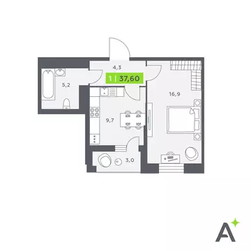 1-комнатная квартира: Кудрово, Солнечная улица, 4 (37.6 м)