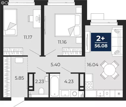 2-комнатная квартира: Тюмень, Арктическая улица, 16 (56.08 м)