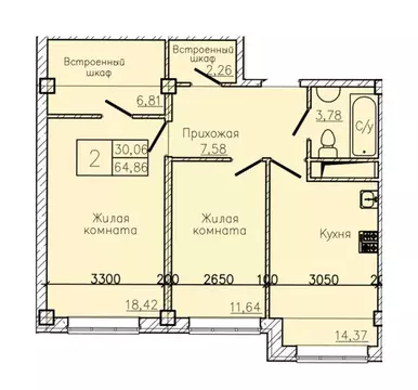 2-к кв. Ставропольский край, Пятигорск  (64.86 м)