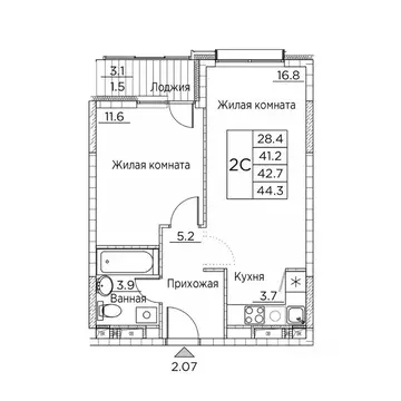2-к кв. Приморский край, Владивосток ул. Расула Гамзатова, 7к3 (44.3 ...