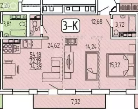 2-комнатная квартира: Улан-Удэ, улица Алдара Цыденжапова (74.39 м)