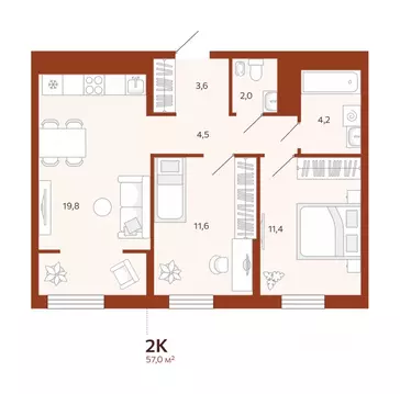 2-к кв. Тюменская область, Тюмень ул. Новаторов, 30 (57.0 м)