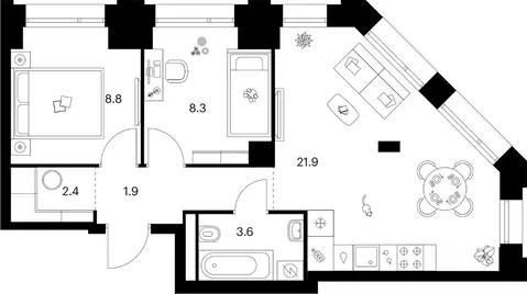 2-к кв. Москва № 76 кв-л,  (49.5 м)