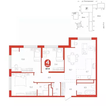 4-к кв. Тюменская область, Тюмень ул. Лесопарковая, 20 (87.4 м)