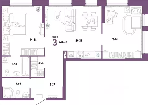 3-к кв. Свердловская область, Екатеринбург ул. Шефская, 22А (68.32 м)