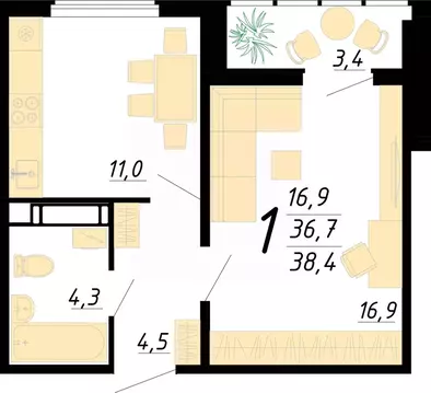 1-к кв. Воронежская область, Воронеж ул. Пескова, 8 (38.4 м)