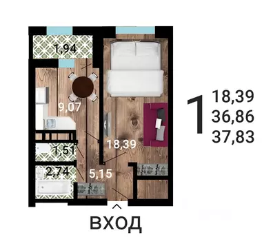 1-к кв. Воронежская область, Воронеж ул. Летчика Демьянова, 1 (38.71 ...