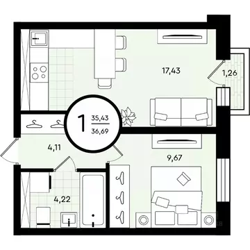 1-к кв. Тюменская область, Тюмень ул. Александра Звягина, 2 (36.69 м)