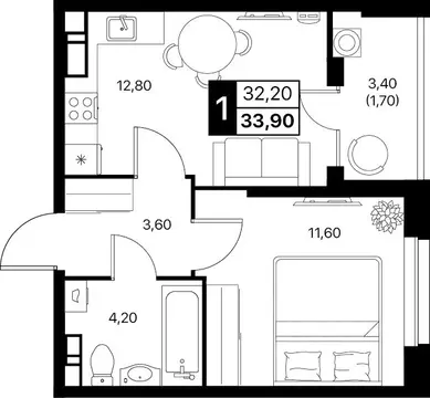 1-к кв. Ростовская область, Ростов-на-Дону Эстет жилой комплекс (33.9 ...
