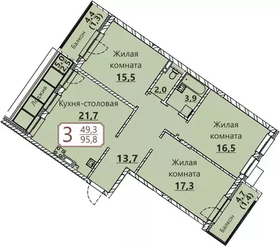 3-к кв. Чувашия, Чебоксары ул. Герцена, поз3 (95.8 м)