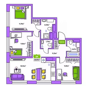 3-к кв. Тюменская область, Тюмень Полевая ул., 93к1 (68.89 м)