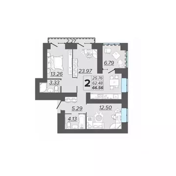 2-к кв. Брянская область, Брянск Архитектор жилой комплекс (66.56 м)