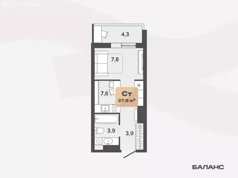 1-комнатная квартира: Тюмень, улица Республики, 204к19 (25.35 м)