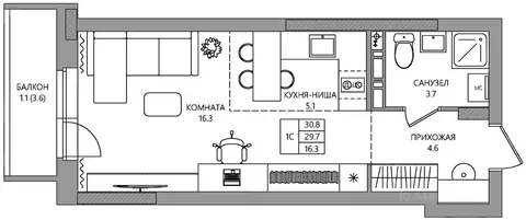 Студия Пермский край, Пермь Самолетная ул., 6 (30.8 м)