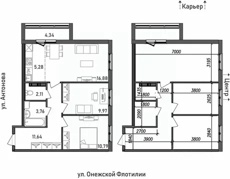 3-к кв. Карелия, Петрозаводск Флотилия жилой комплекс (64.77 м)