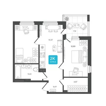 2-комнатная квартира: Дербыши, жилой комплекс Дабл-Дабл (63.94 м)