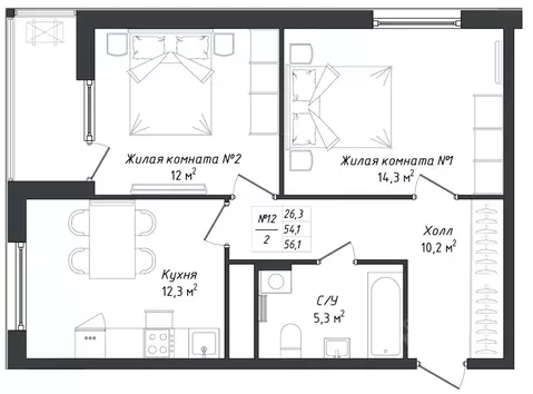 2-к кв. Калужская область, Калуга ул. Комфортная, 18 (56.3 м)