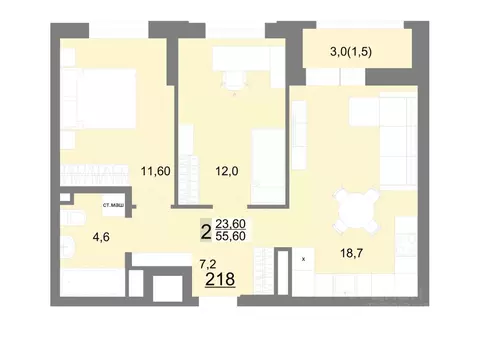 2-к кв. Свердловская область, Екатеринбург ул. Металлургов, 63/3 (55.6 ...