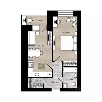 1-к кв. Ярославская область, Ярославль Тормозное ш. (46.95 м)