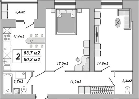 2-к кв. Тамбовская область, Тамбов ул. Чичерина, 7/3 (63.7 м)