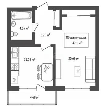 1-к кв. Новосибирская область, Новосибирск Зыряновская ул., 61 (42.1 ...