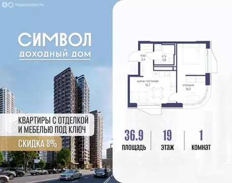 1-комнатная квартира: Москва, ЮВАО, район Лефортово, ЖК Символ (36.9 ...