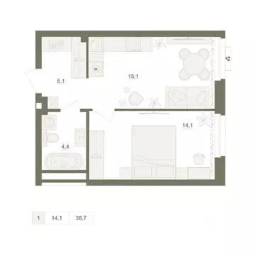 1-к кв. Башкортостан, Уфа Родина Парк жилой комплекс (38.7 м)