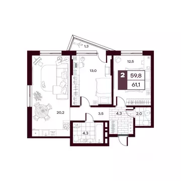 2-к кв. Тюменская область, Тюменский муниципальный округ, д. Дударева ...