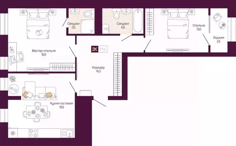 2-к кв. Нижегородская область, Нижний Новгород ул. Тургенева (75.3 м)