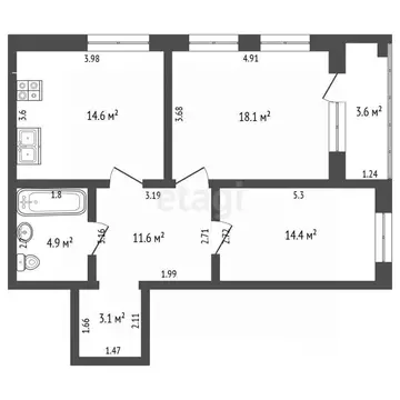 2-к кв. Вологодская область, Вологда Ягодная ул., 5к1 (68.9 м)