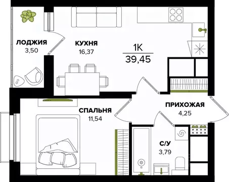 1-к кв. Тульская область, Тула  (39.45 м)