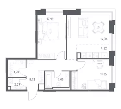 2-к кв. Москва Верейская 41 жилой комплекс, 1.1 (60.7 м)