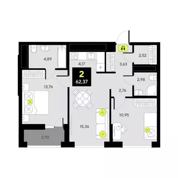 2-к кв. Тюменская область, Тюмень ул. Андрея Приказнова, 1 (62.37 м)