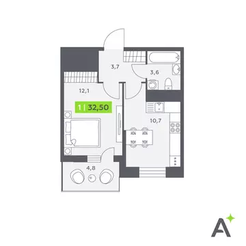 1-комнатная квартира: Кудрово, Солнечная улица, 4 (32.5 м)