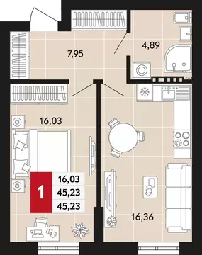 1-к кв. Свердловская область, Верхняя Пышма  (45.23 м)