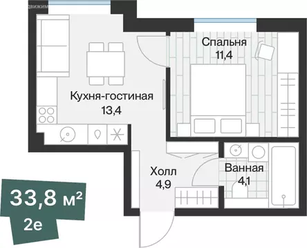 1-комнатная квартира: Тюмень, улица Игоря Комиссарова, 9 (33.84 м)