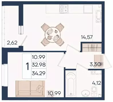 1-к кв. Краснодарский край, Краснодар  (34.29 м)