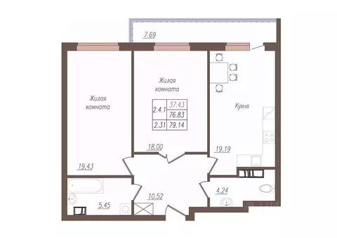 2-к кв. Орловская область, Орел ул. Генерала Родина, 66Ак1 (79.0 м)