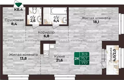 2-к кв. Алтайский край, Барнаул ул. 6-я Нагорная, 15Г/12 (77.7 м)