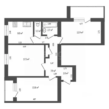 3-к кв. Нижегородская область, Нижний Новгород Запрудная ул., 3 (67.0 ...