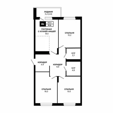4-комнатная квартира: Кольцово, Благовещенская улица, 2 (91.6 м)