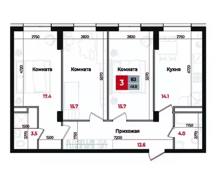3-к кв. Ставропольский край, Невинномысск Новая ул., 1 (83.0 м)