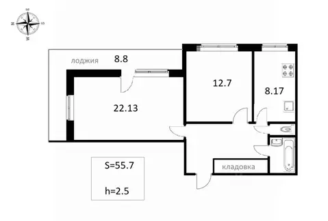 2-к кв. Санкт-Петербург просп. Космонавтов, 24 (55.7 м)