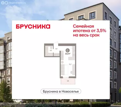 Квартира-студия: городской посёлок Новоселье, ЖК Брусника (32.95 м)