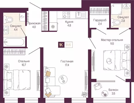 2-комнатная квартира: Нижний Новгород, Нижегородский район (59.8 м)