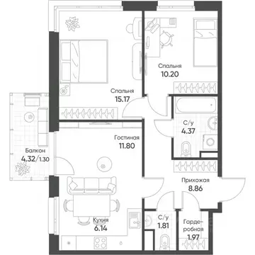 3-к кв. Татарстан, Казань Счастье в Казани жилой комплекс (61.6 м)