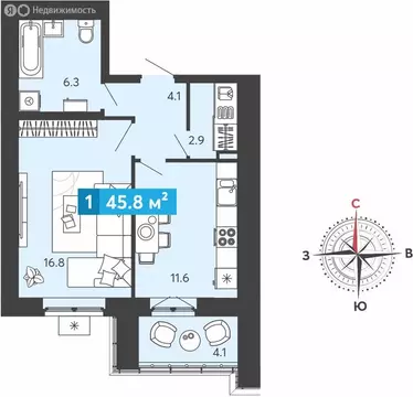 1-комнатная квартира: Засечное, микрорайон Город Спутник (45.8 м)