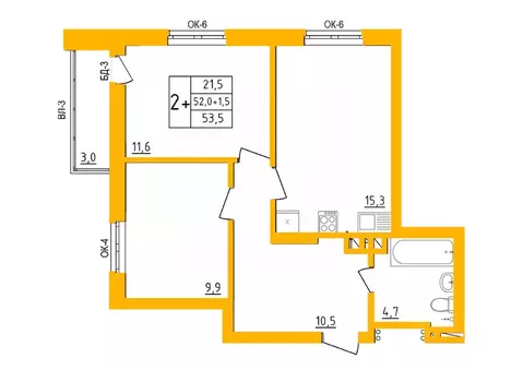 2-к кв. Башкортостан, Уфа Инорс-4Б мкр, Акварель жилой комплекс (53.4 ...