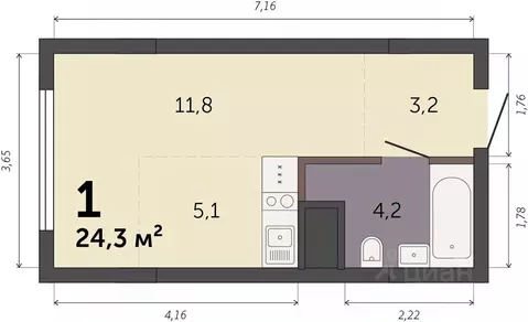 Студия Свердловская область, Екатеринбург Южный жилрайон,  (24.3 м)